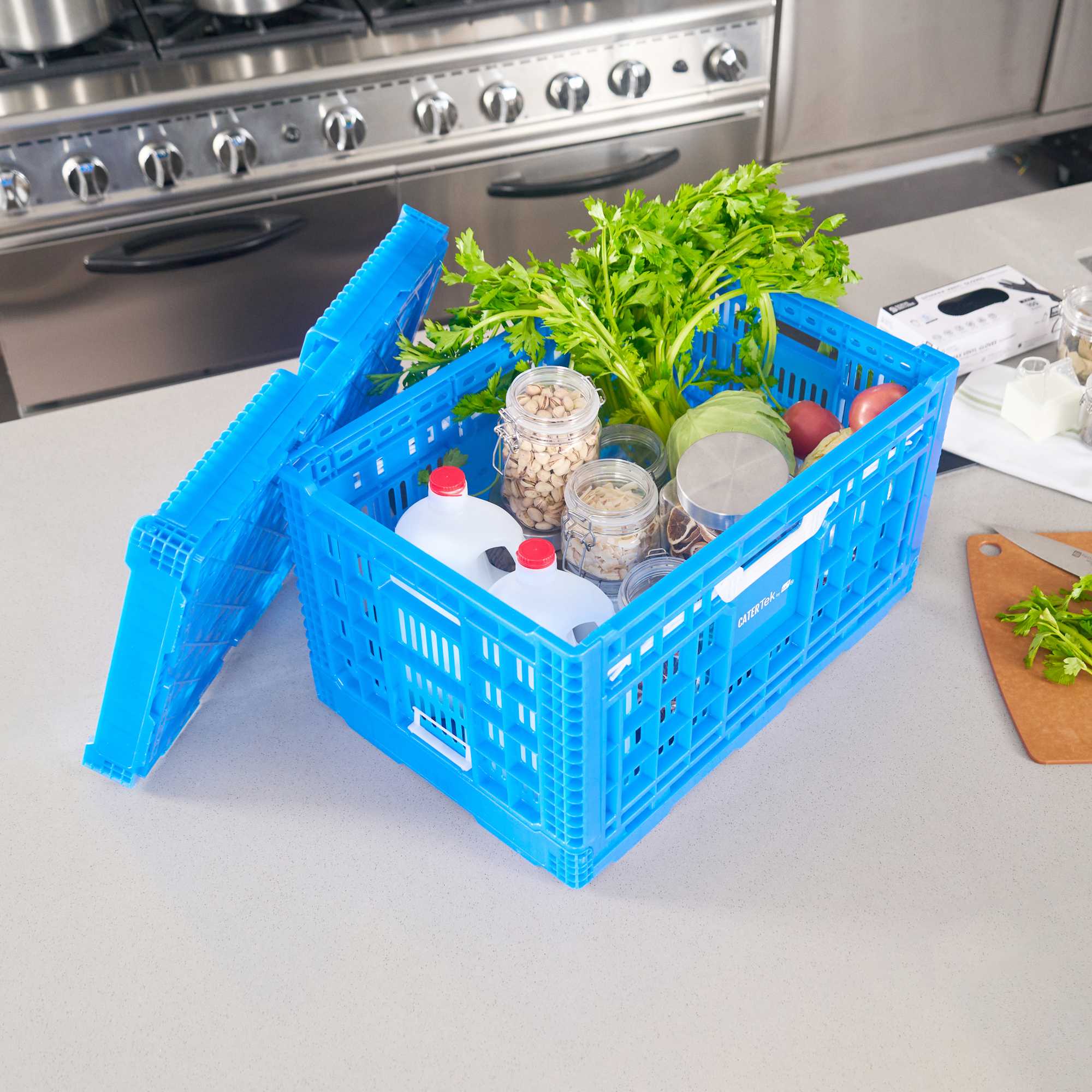 Cater Tek Rectangle Blue Plastic Collapsible Crate - Vented, Stackable - 23 3/4" x 15 3/4" x 13 1/2" - 10 count box