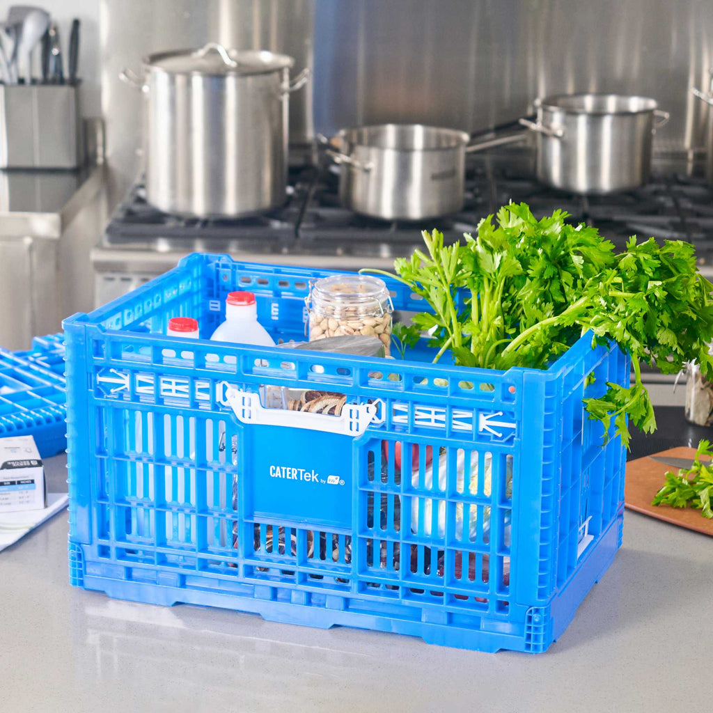 Cater Tek Rectangle Blue Plastic Collapsible Crate - Vented, Stackable - 23 3/4" x 15 3/4" x 13 1/2" - 10 count box