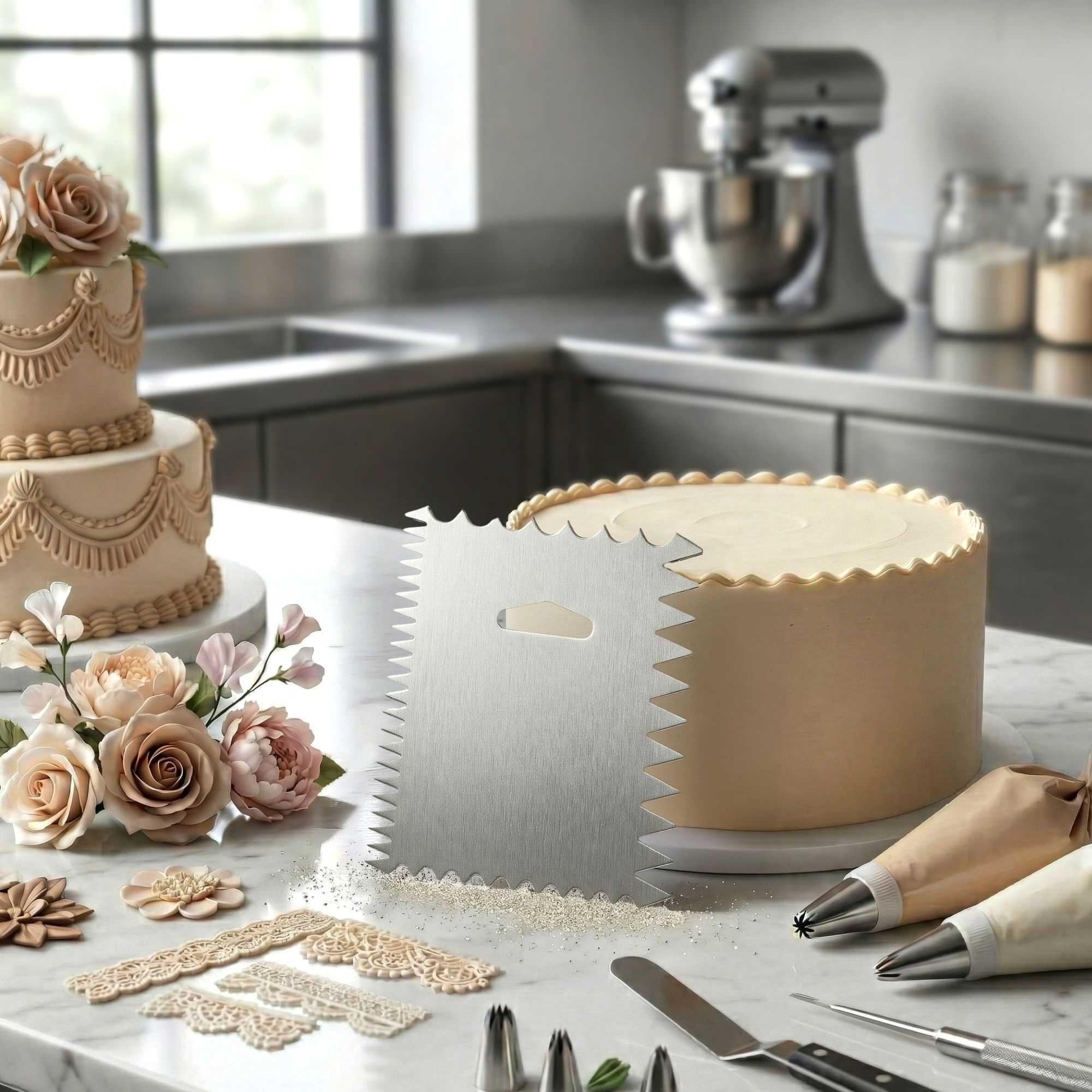 Pastry Tek 4-Pattern Metal Cake Scraper and Icing Comb with Wave and Wide Tooth Edge - 4.8" x 3.8" - 1 count box