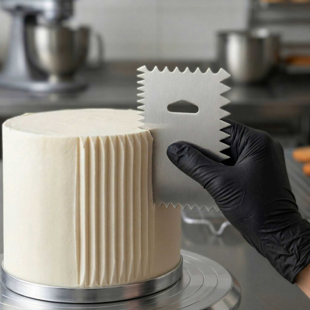 Pastry Tek 4-Pattern Metal Cake Scraper and Icing Comb with Wave and Wide Tooth Edge - 4.8" x 3.8" - 1 count box