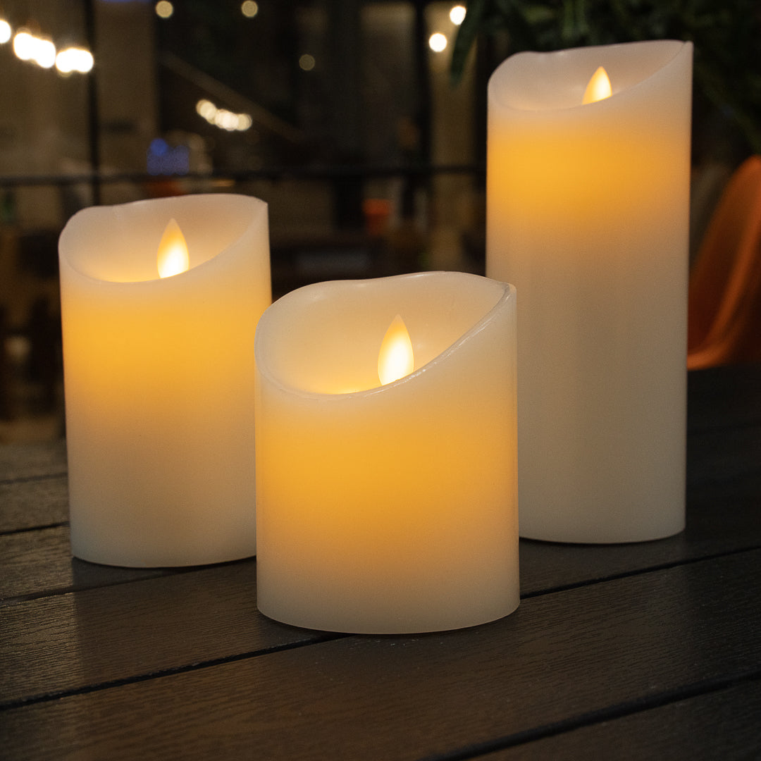 Fire Tek White Plastic Flameless Pillar Candle - Real Wax, Programmable - 3 1/4" x 3 1/4" x 4" - 10 count box