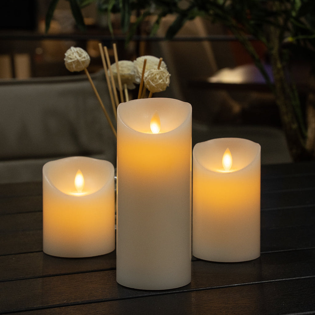 Fire Tek White Plastic Flameless Pillar Candle - Real Wax, Programmable - 3" x 3" x 7" - 10 count box