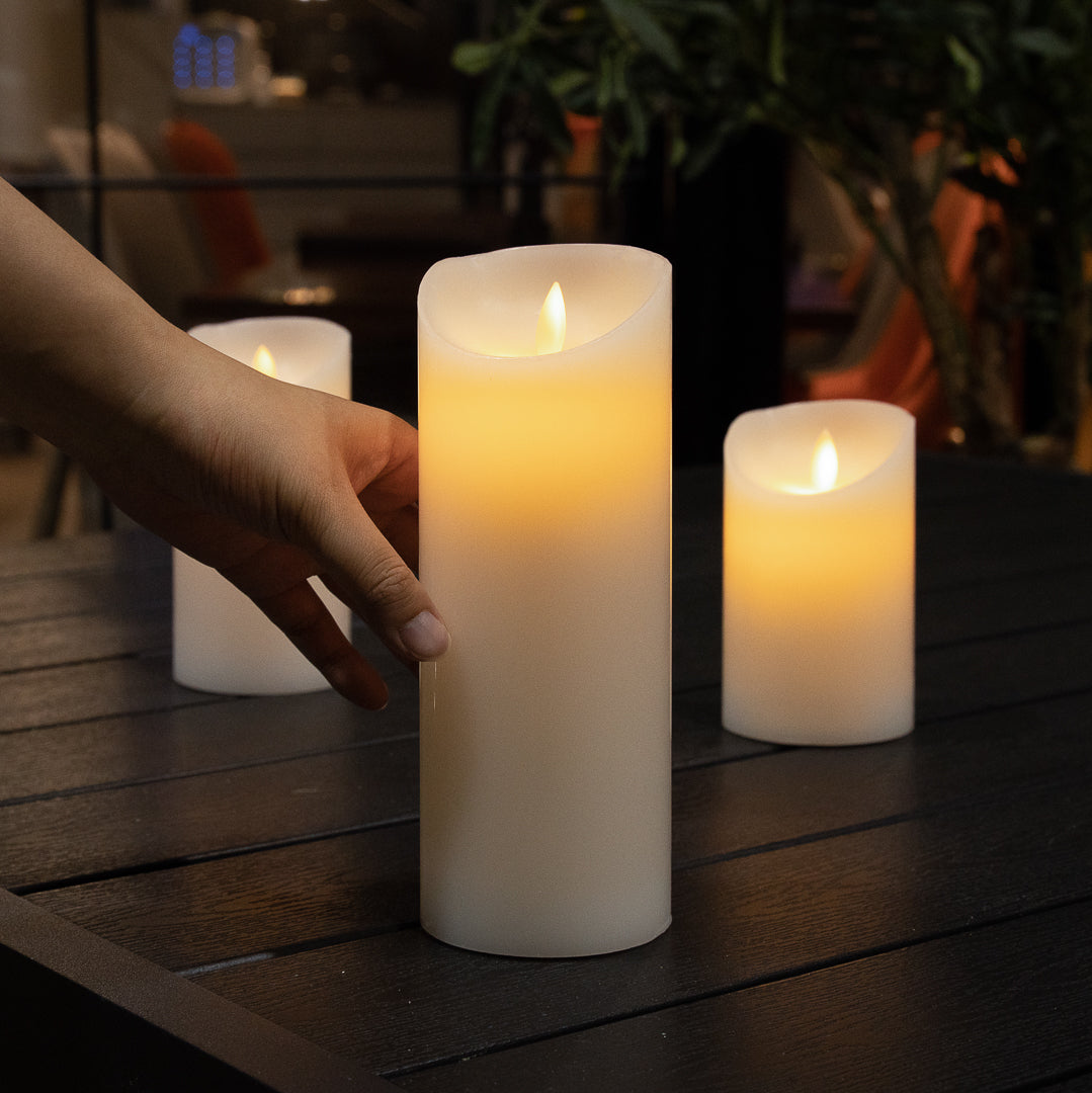 Fire Tek White Plastic Flameless Pillar Candle - Real Wax, Programmable - 3" x 3" x 8" - 10 count box