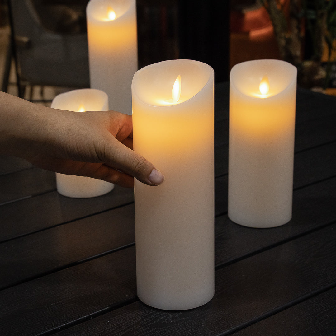 Fire Tek White Plastic Flameless Pillar Candle - Real Wax, Programmable - 3" x 3" x 8 3/4" - 10 count box