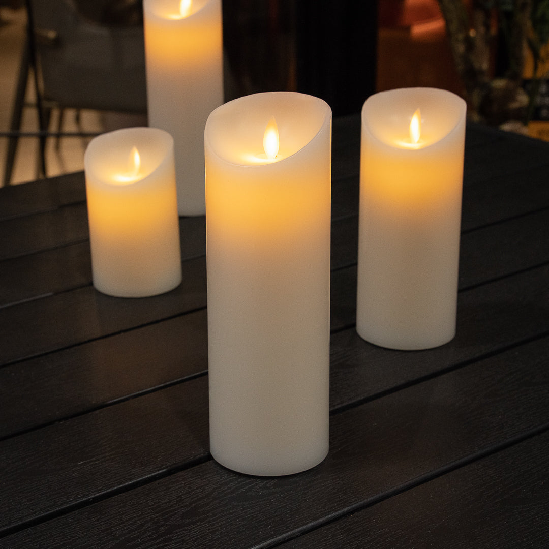 Fire Tek White Plastic Flameless Pillar Candle - Real Wax, Programmable - 3" x 3" x 8 3/4" - 10 count box