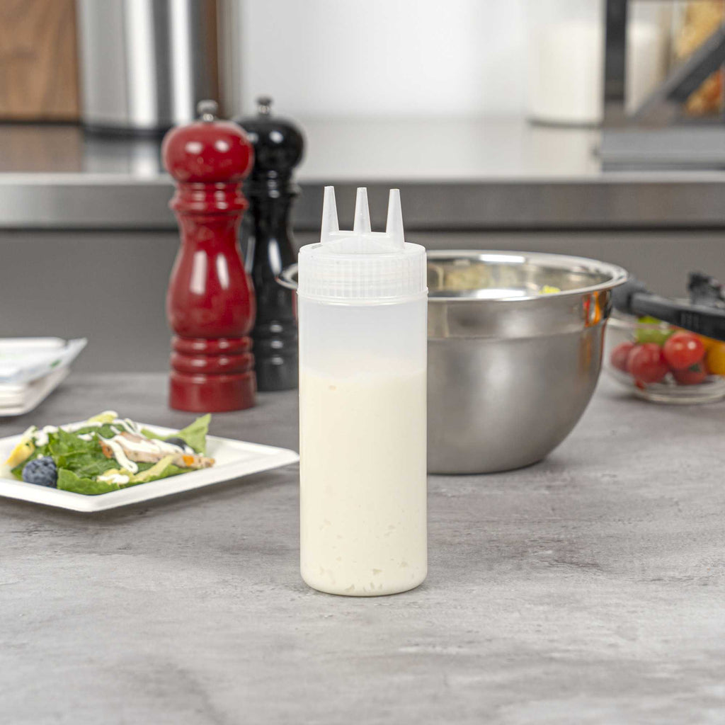 Sauce Tek 12 oz Clear Plastic All-Purpose Squeeze Bottle - with Triple Dispersion Tip - 6 count box