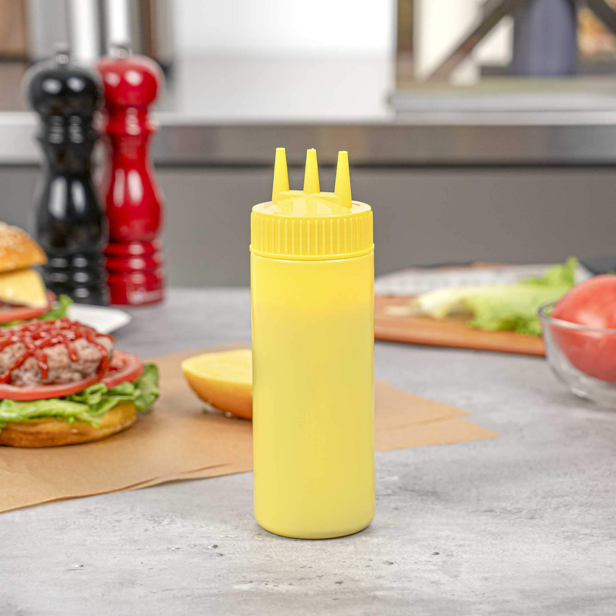 Sauce Tek 12 oz Yellow Plastic Mustard Squeeze Bottle - with Triple Dispersion Tip - 6 count box
