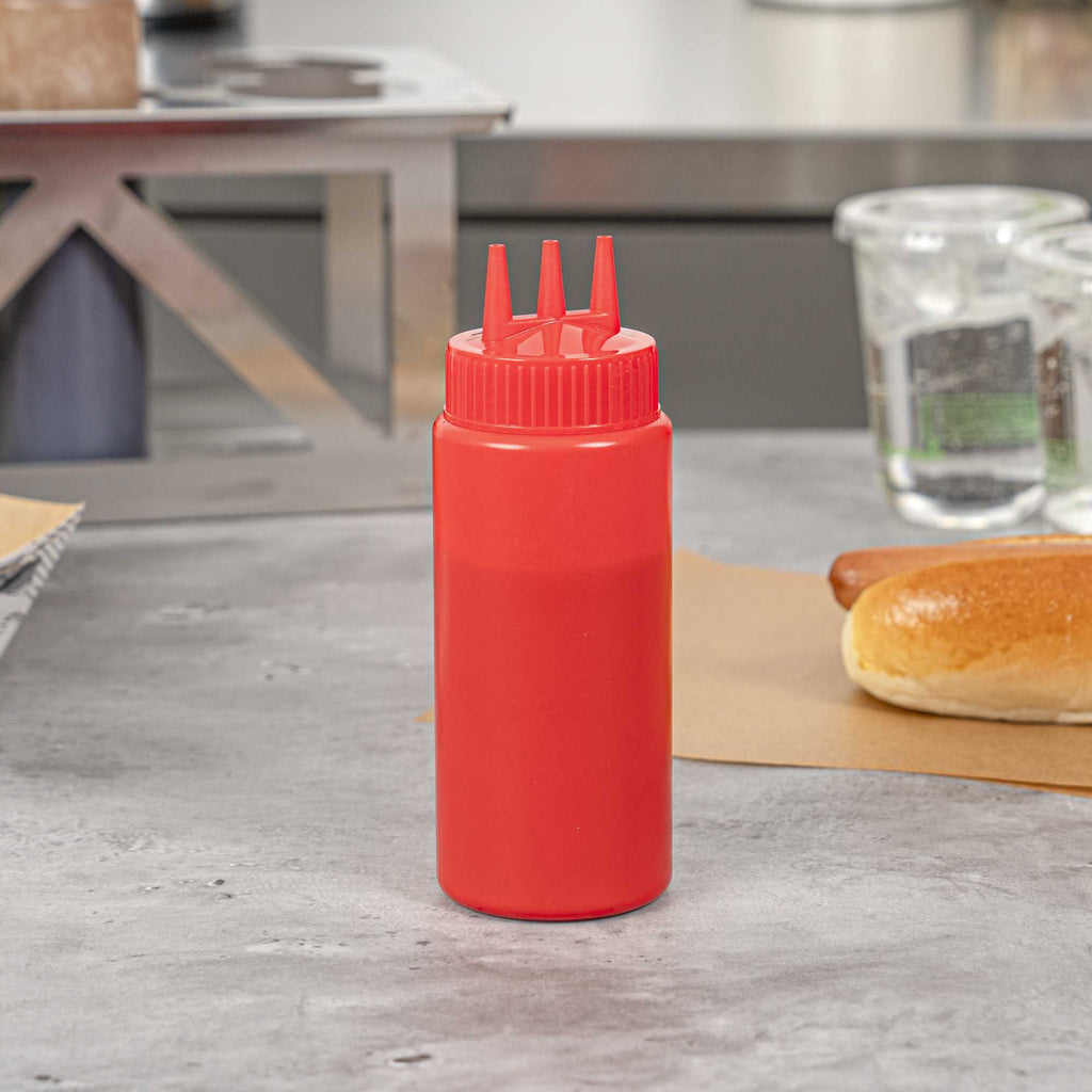 Sauce Tek 16 oz Red Plastic Ketchup Squeeze Bottle - with Triple Dispersion Tip - 6 count box