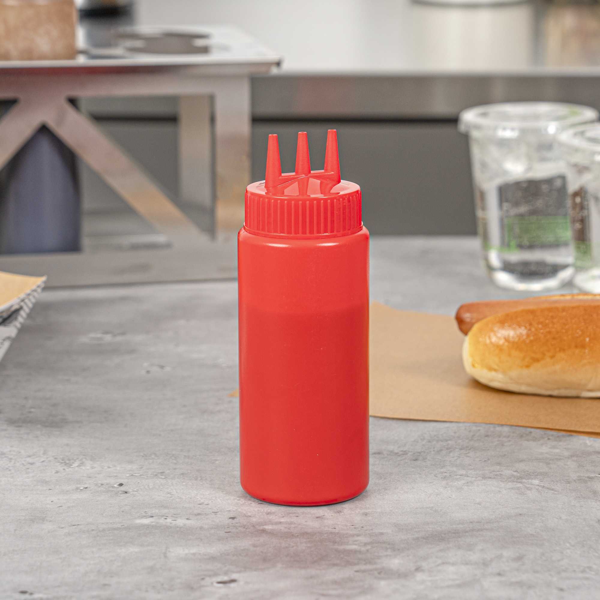 Sauce Tek 16 oz Red Plastic Ketchup Squeeze Bottle - with Triple Dispersion Tip - 6 count box