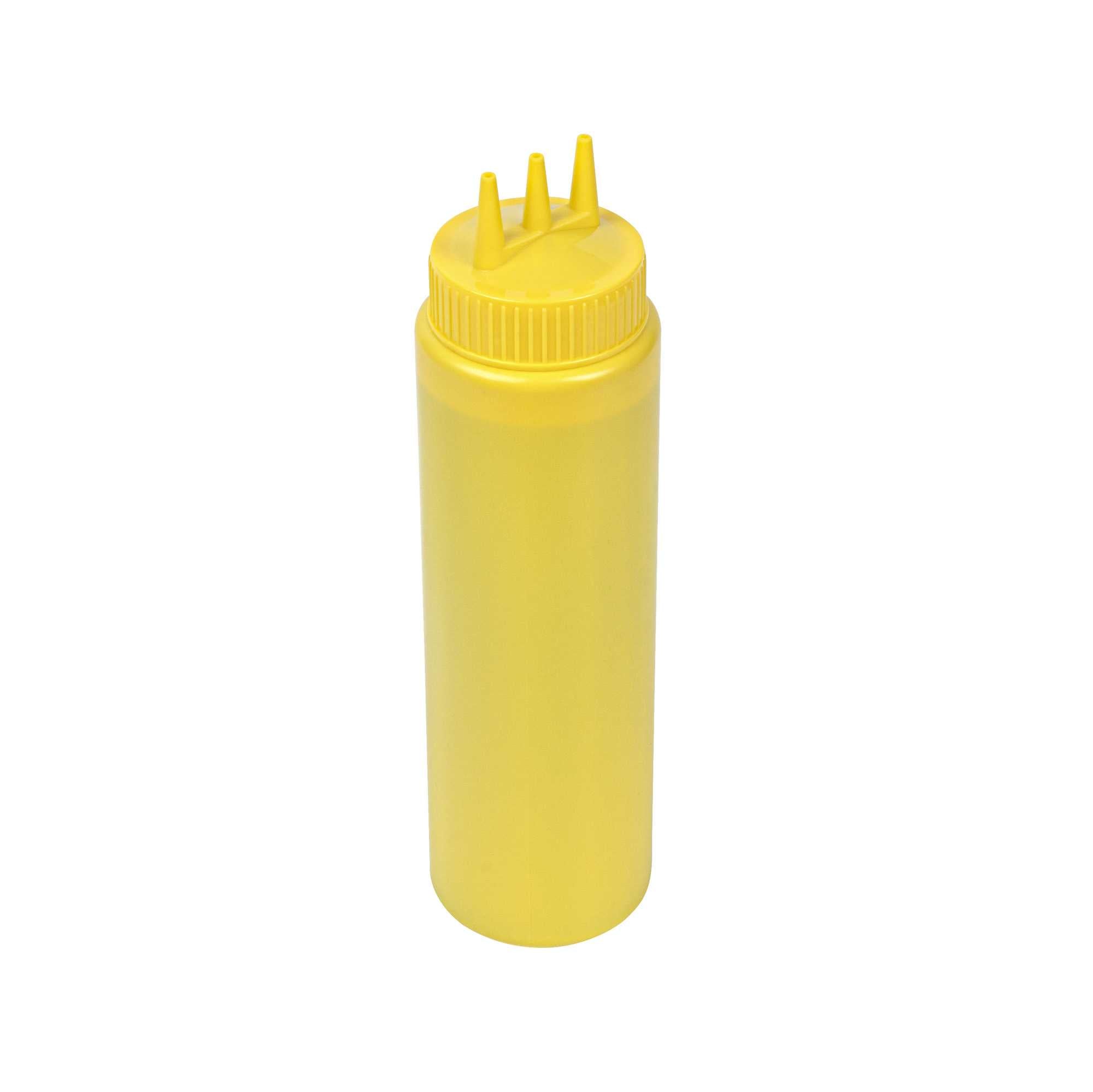 Sauce Tek 24 oz Yellow Plastic Mustard Squeeze Bottle - with Triple Dispersion Tip - 6 count box
