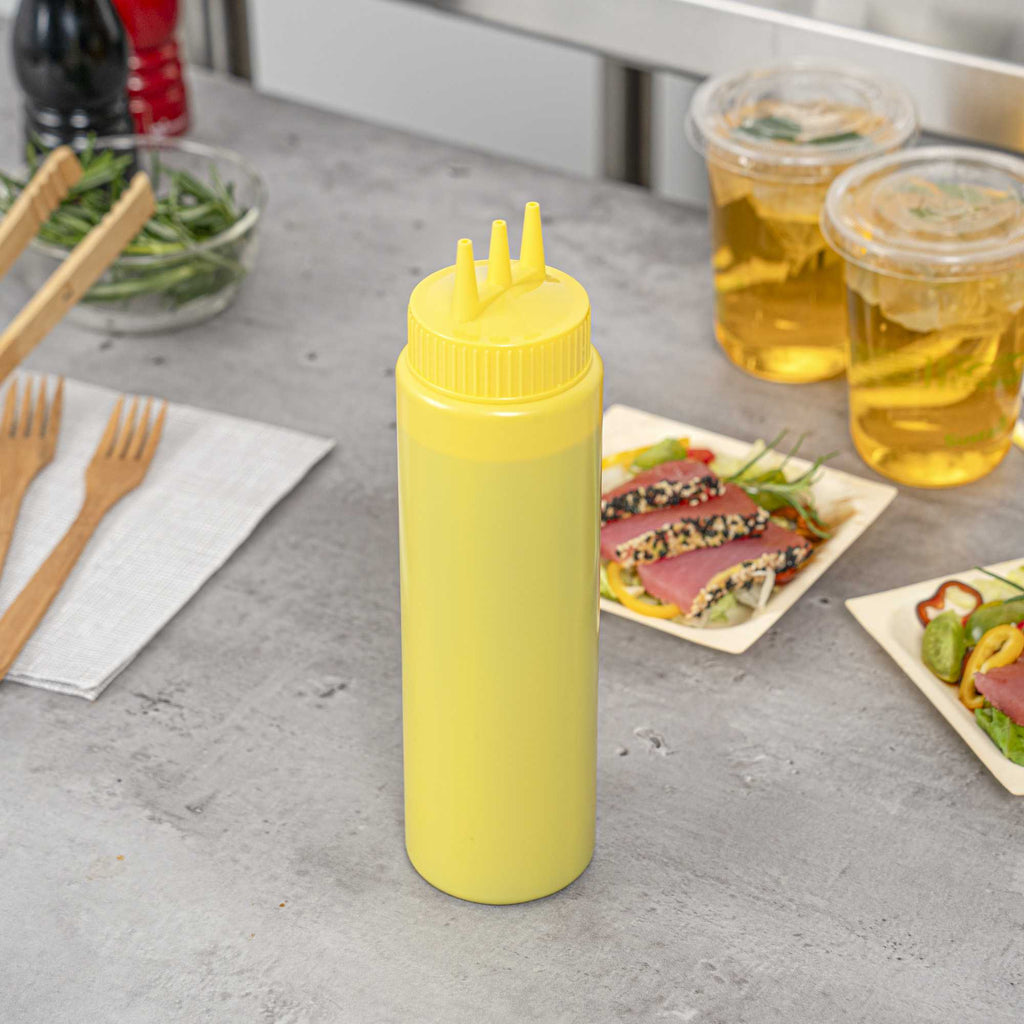 Sauce Tek 24 oz Yellow Plastic Mustard Squeeze Bottle - with Triple Dispersion Tip - 6 count box