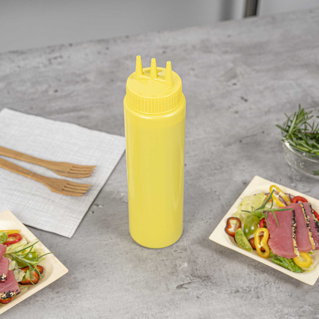 Sauce Tek 24 oz Yellow Plastic Mustard Squeeze Bottle - with Triple Dispersion Tip - 6 count box