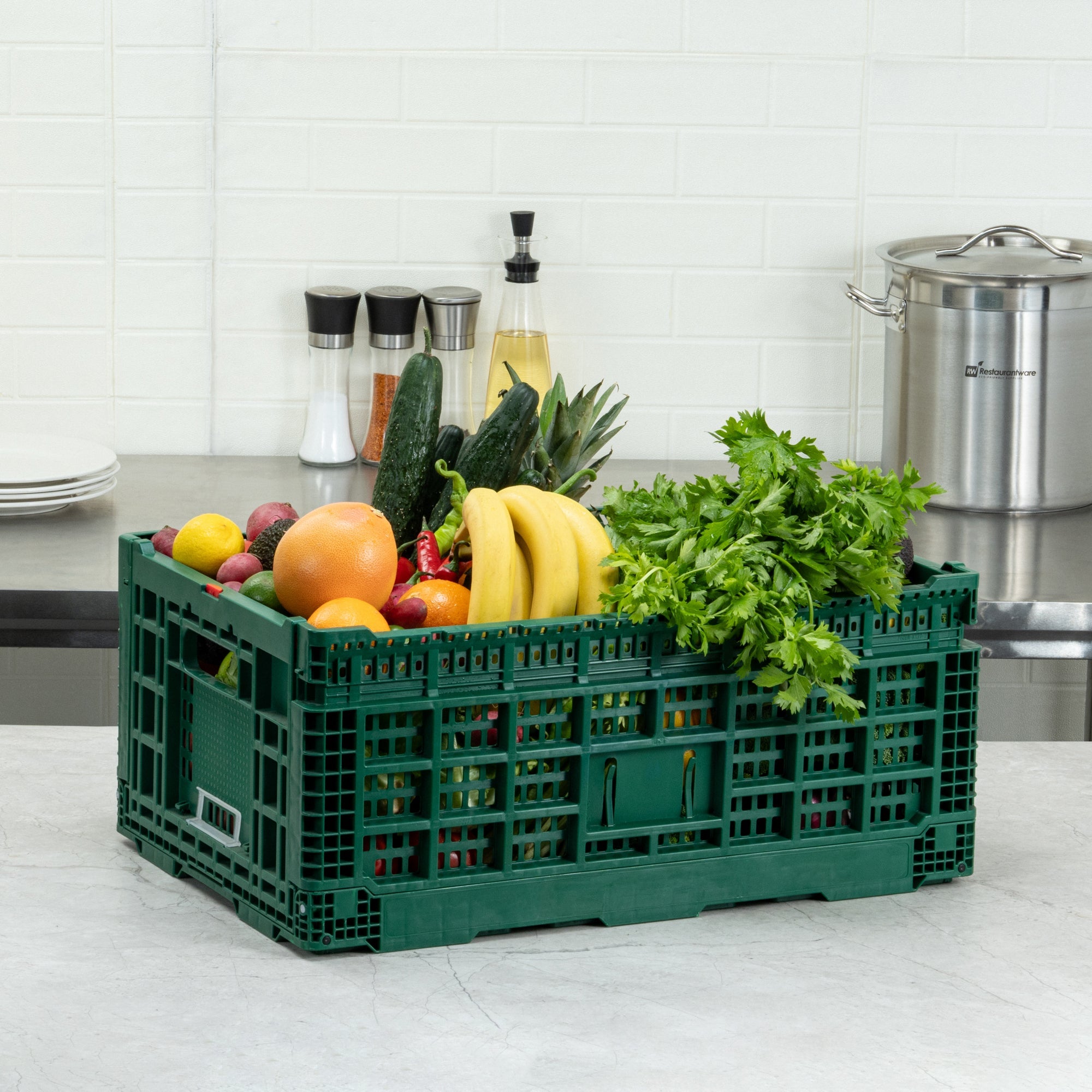 Cater Tek Rectangle Green Plastic 43L Collapsible Milk Crate - Stackable - 23 1/2" x 15 3/4" x 10 1/4" - 1 count box