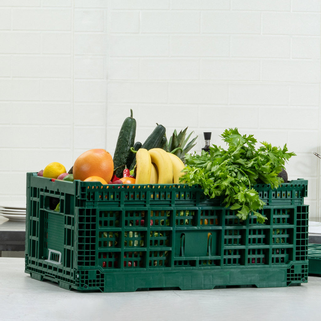 Cater Tek Rectangle Green Plastic 43L Collapsible Milk Crate - Stackable - 23 1/2" x 15 3/4" x 10 1/4" - 1 count box