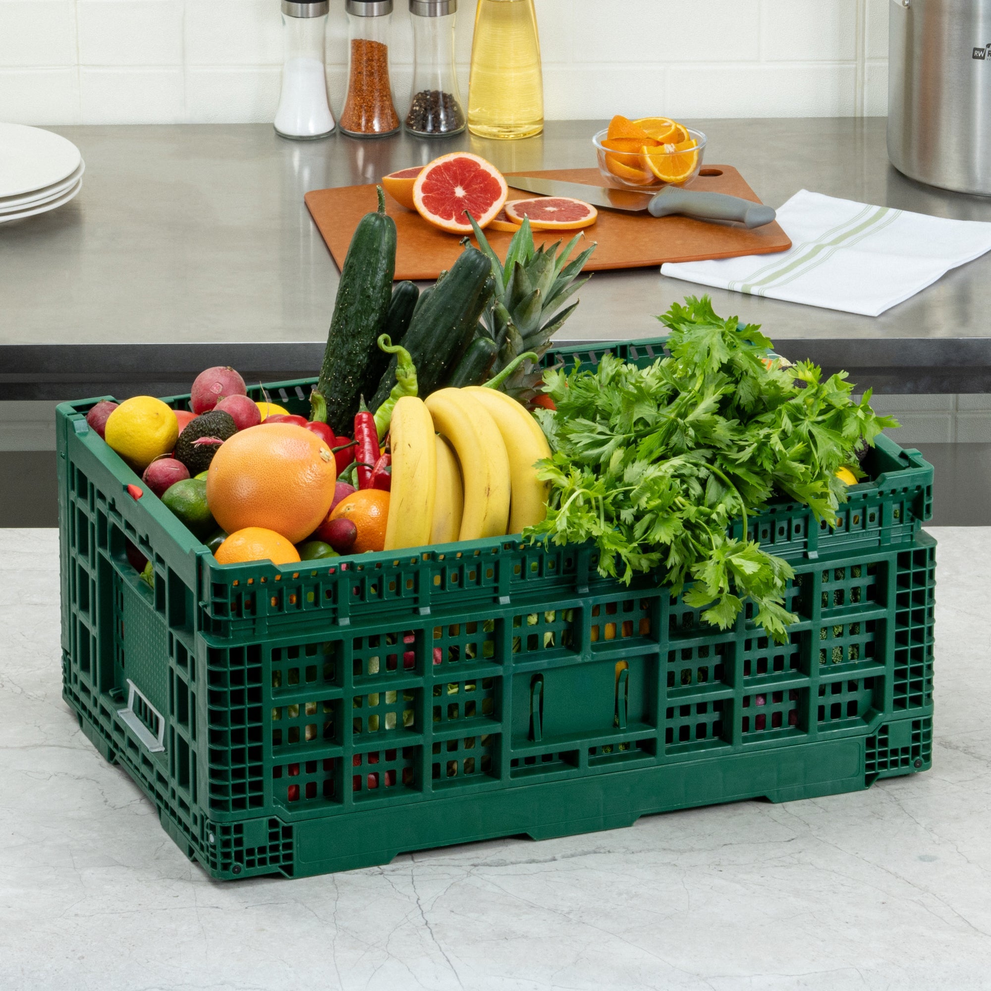 Cater Tek Rectangle Green Plastic 43L Collapsible Milk Crate - Stackable - 23 1/2" x 15 3/4" x 10 1/4" - 1 count box