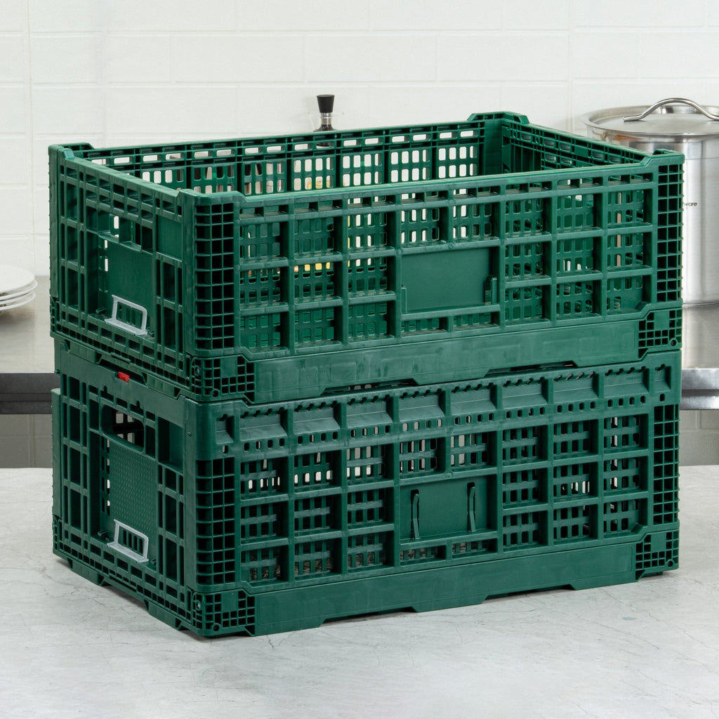 Cater Tek Rectangle Green Plastic 43L Collapsible Milk Crate - Stackable - 23 1/2" x 15 3/4" x 10 1/4" - 1 count box