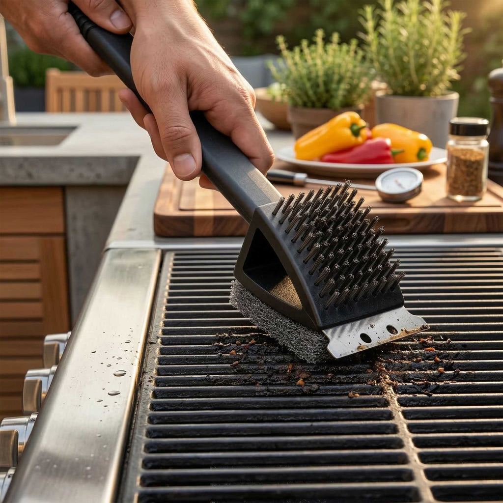 Met Lux Grill Brush / Scraper - with Scouring Pad - 15" - 1 count box
