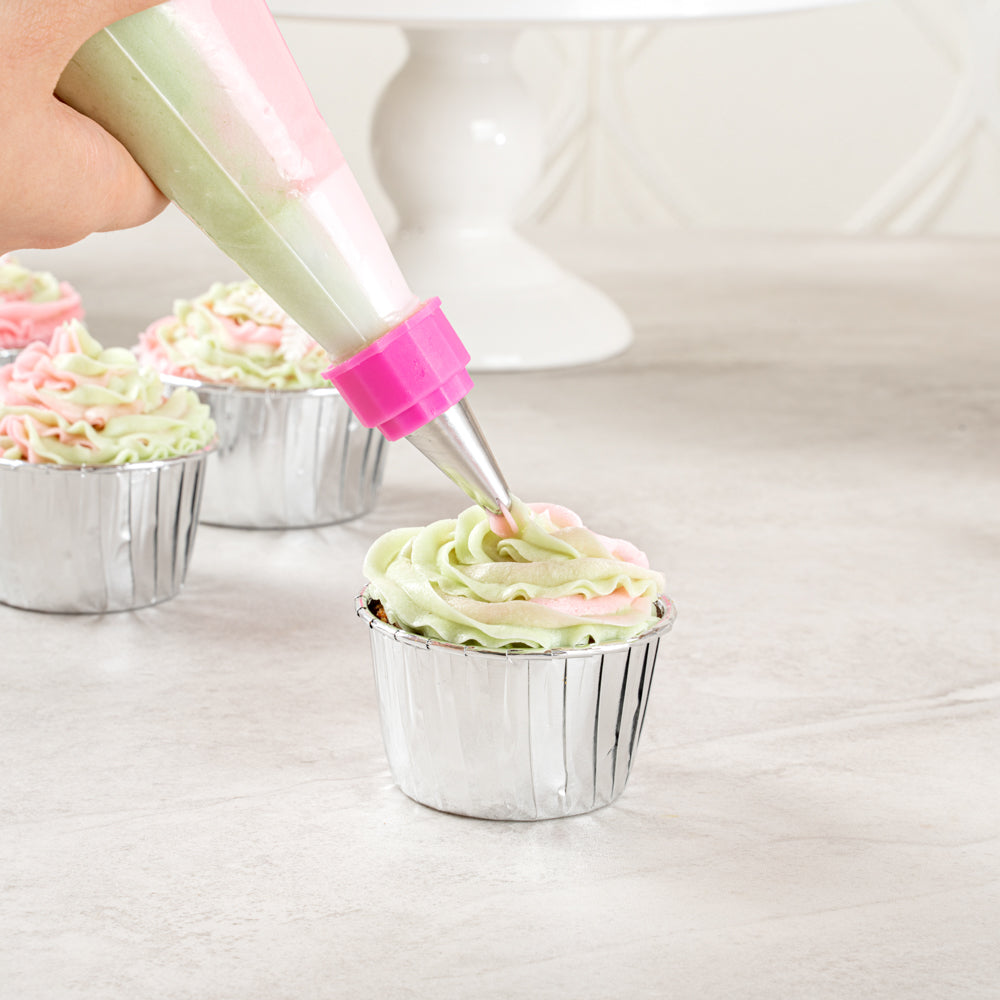 Pastry Tek Pink and White Plastic Piping Tip Coupler - Dual Color - 1 count box