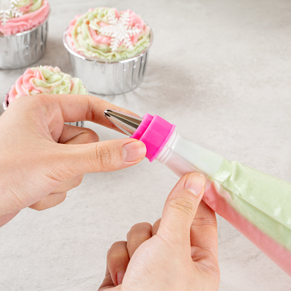 Pastry Tek Pink and White Plastic Piping Tip Coupler - Dual Color - 1 count box