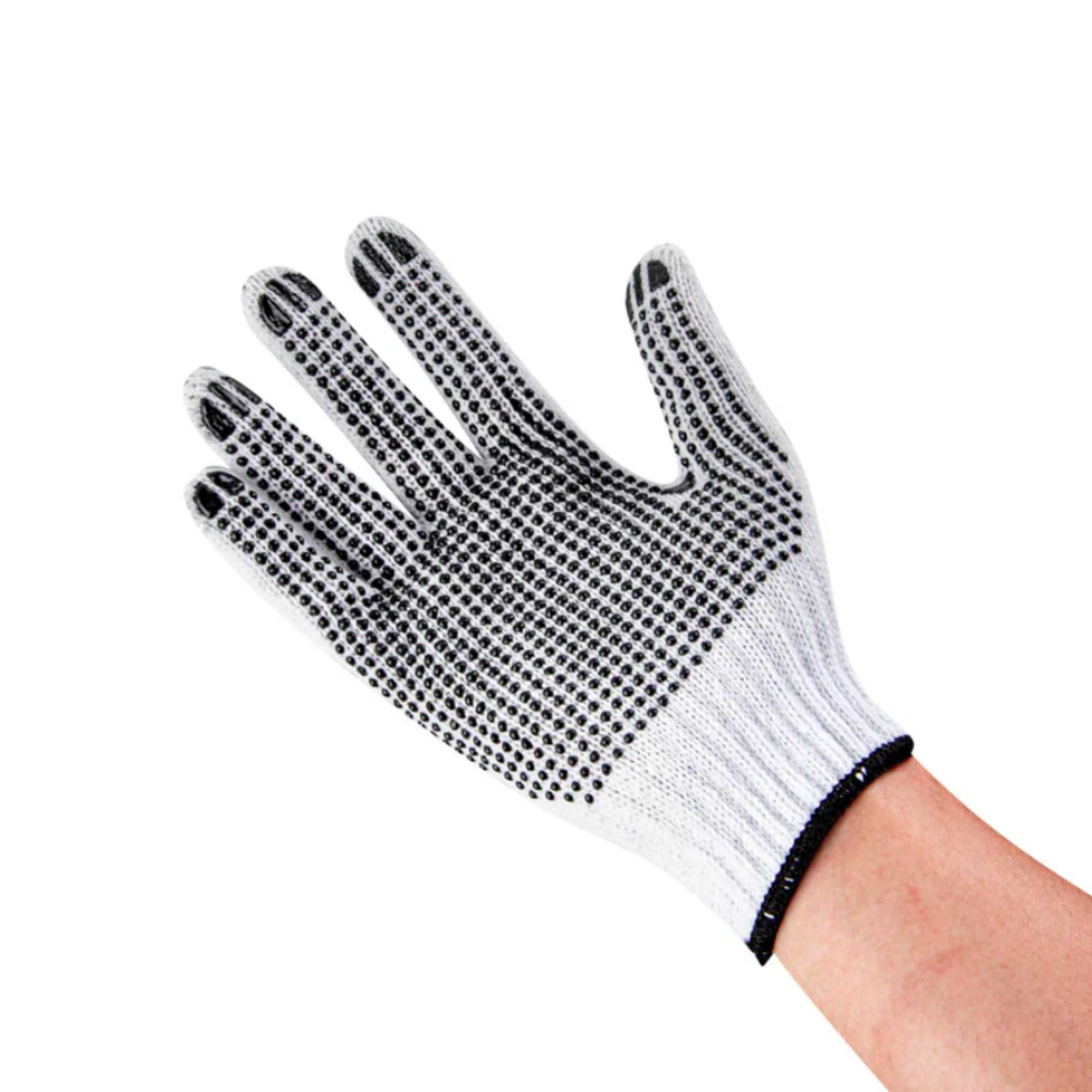 Chef 101 White Poly-Cotton Medium Work Gloves - with Black PVC Dots - 9" x 5 1/2" - Pair - 6 count box