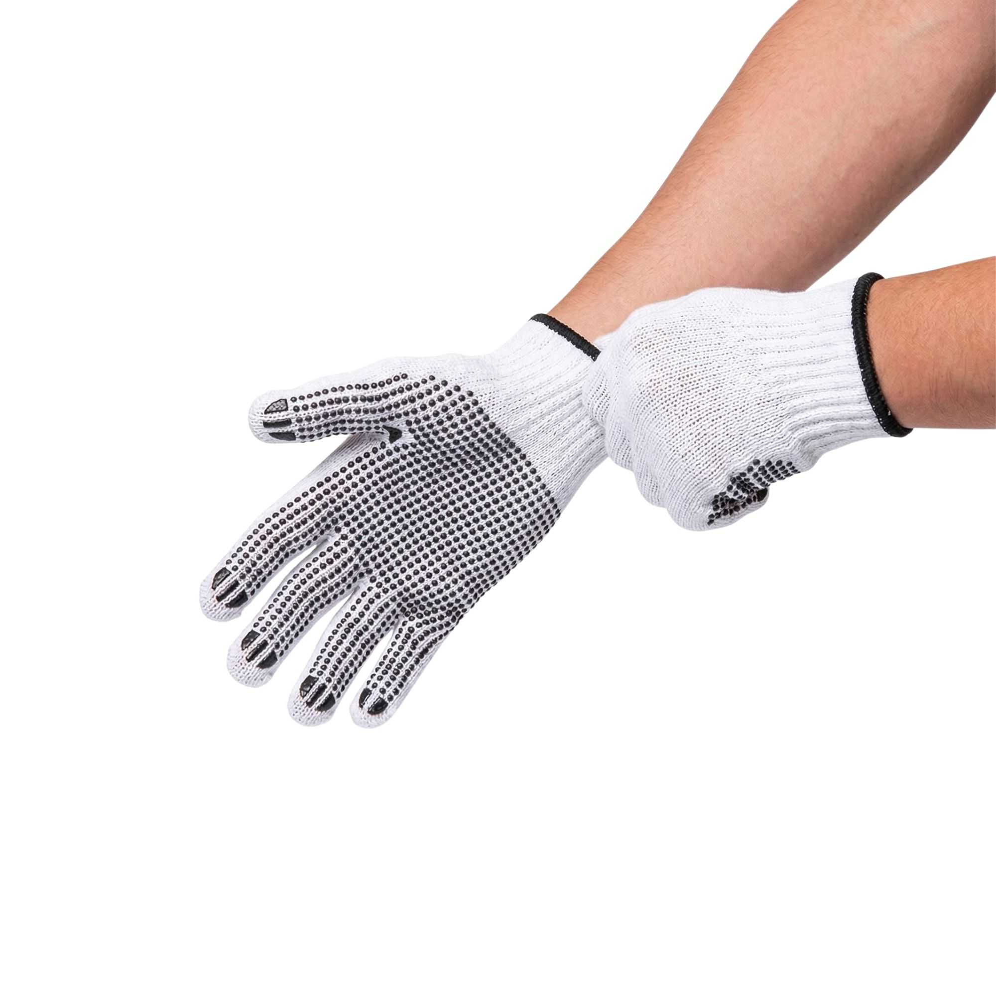 Chef 101 White Poly-Cotton Medium Work Gloves - with Black PVC Dots - 9" x 5 1/2" - Pair - 6 count box