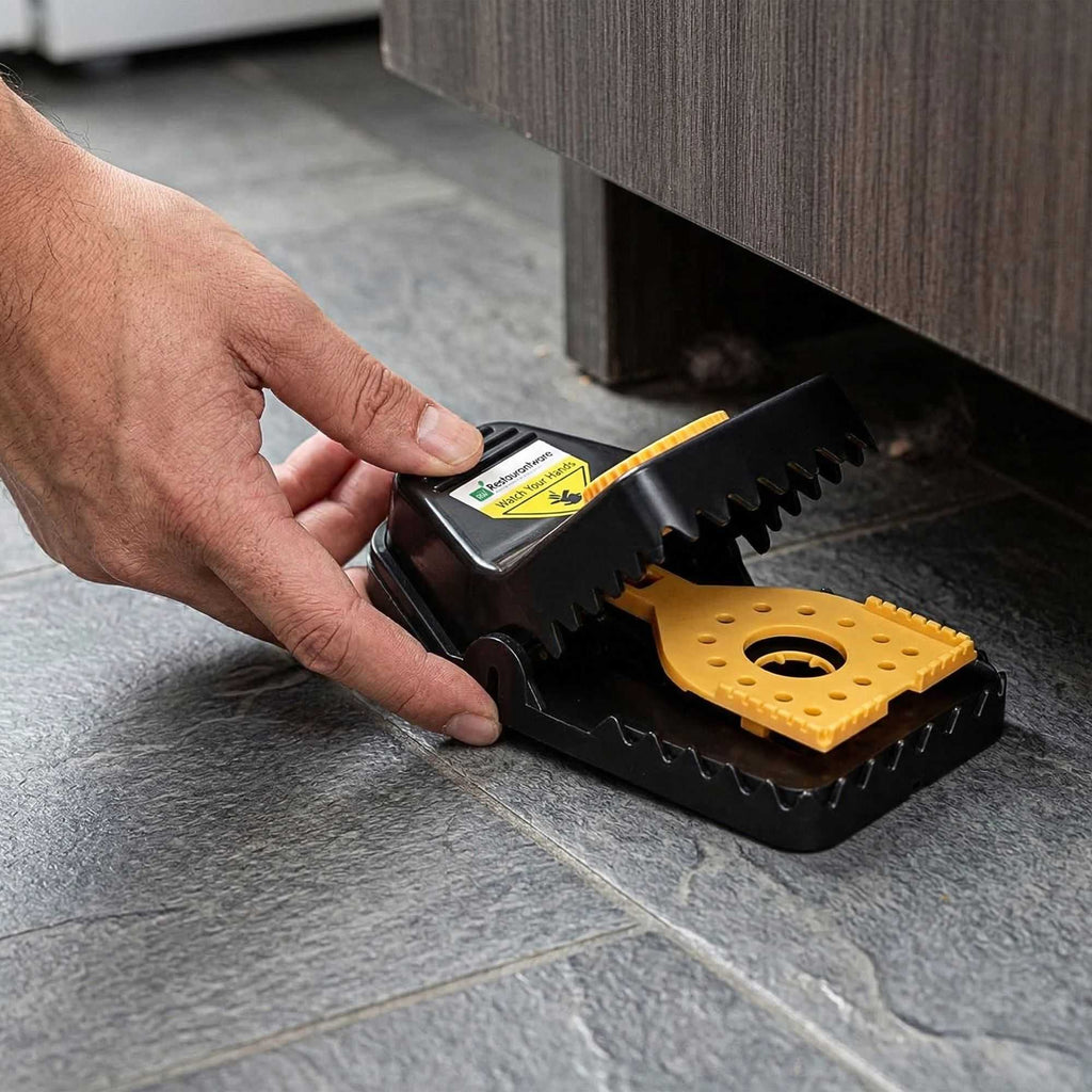 Pest Tek Black Plastic Mouse Trap - Interlocking Teeth, Bait Cap, Reusable - 6" x 3" x 2 3/4" - 6 count box