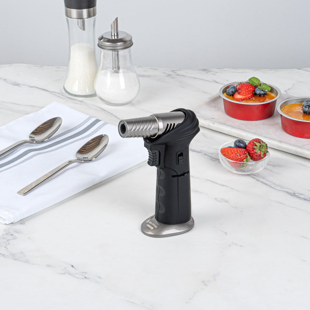 RW Pyro Black Butane Kitchen Torch - Adjustable Dial, Rotating Angle - 4 1/4'' x 2 3/4'' x 6'' - 1 count box