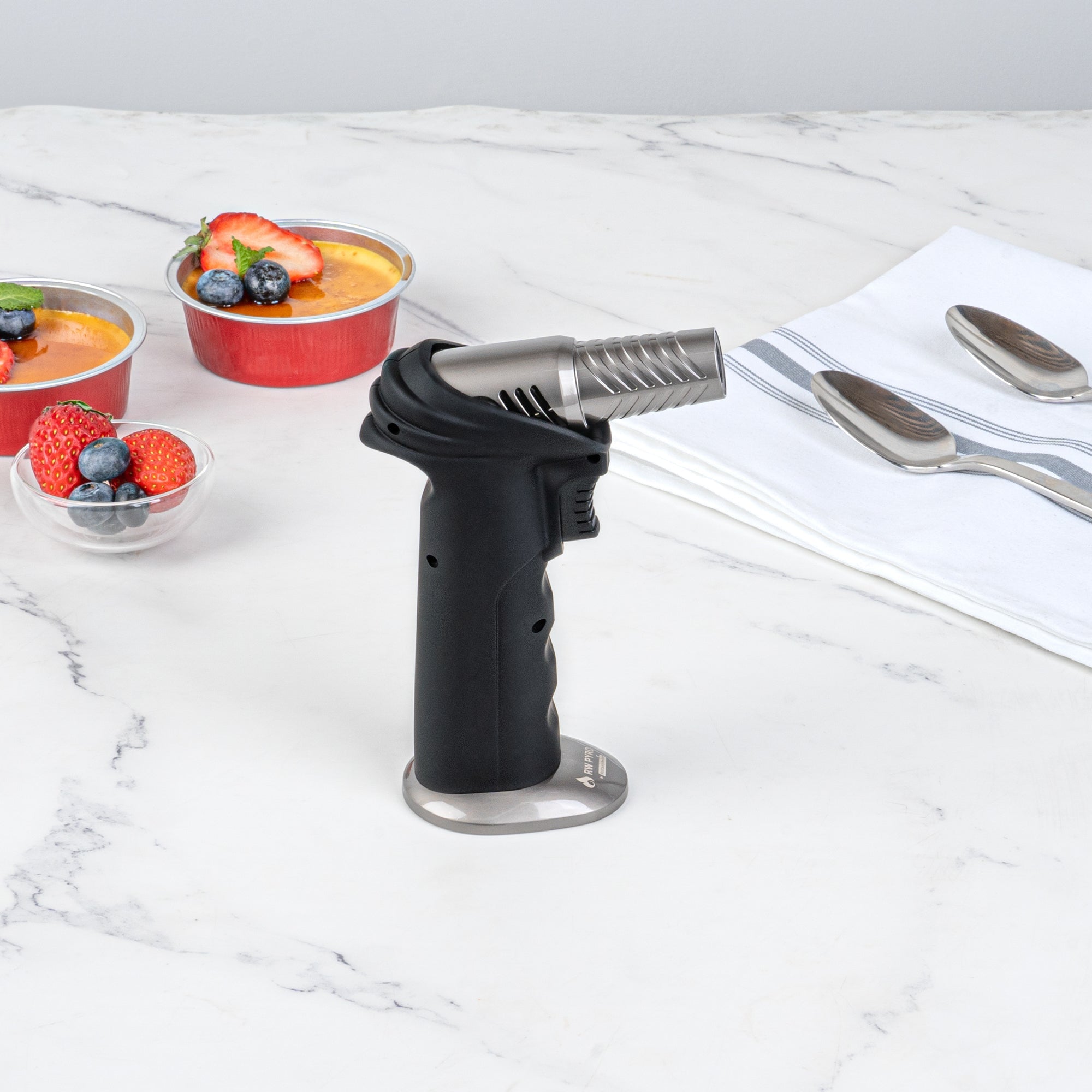 RW Pyro Black Butane Kitchen Torch - Adjustable Dial, Rotating Angle - 4 1/4'' x 2 3/4'' x 6'' - 1 count box