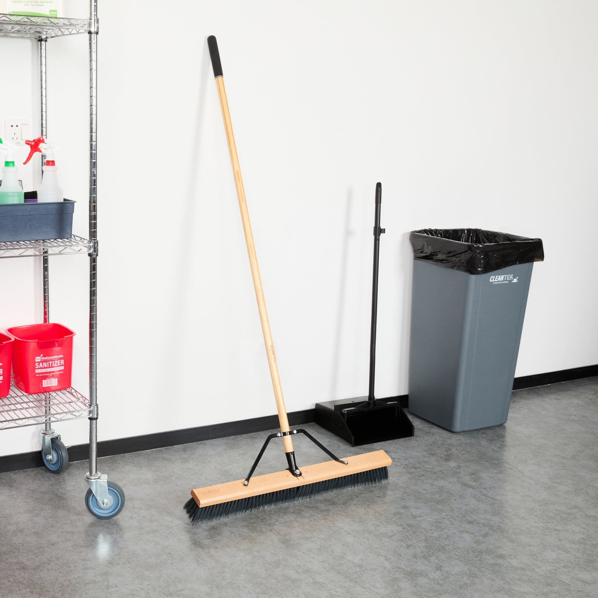 Clean Tek Professional 30" Contractor / Push Broom - with Medium Flagged Bristles, 60" Wood Handle - 1 count box