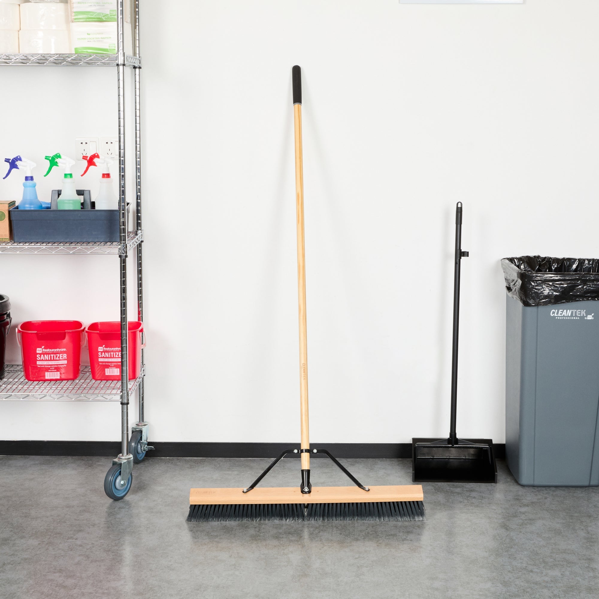 Clean Tek Professional 30" Contractor / Push Broom - with Medium Flagged Bristles, 60" Wood Handle - 1 count box