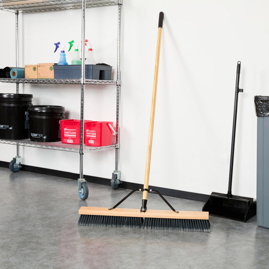 Clean Tek Professional 30" Contractor / Push Broom - with Medium Flagged Bristles, 60" Wood Handle - 1 count box