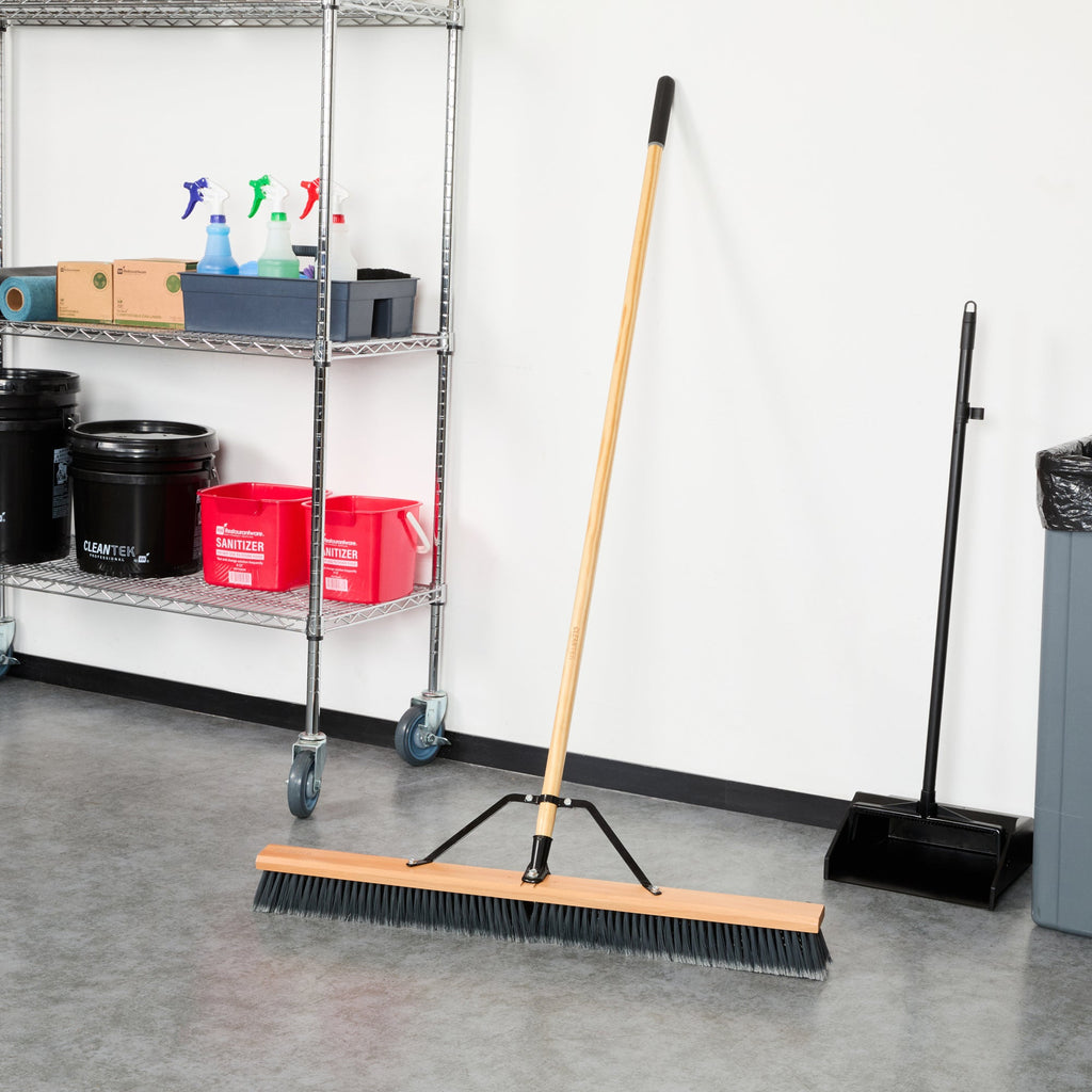 Clean Tek Professional 36" Contractor / Push Broom - with Medium Flagged Bristles, 60" Wood Handle - 1 count box