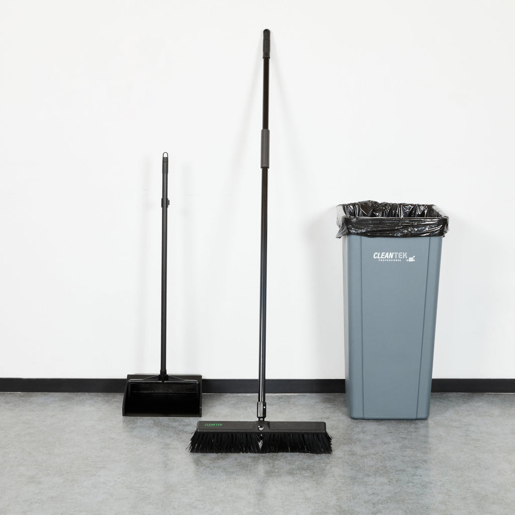 Clean Tek Professional 17 1/4" Black Plastic Push Broom - with Medium Flagged Bristles, 59" Steel Handle - 1 count box