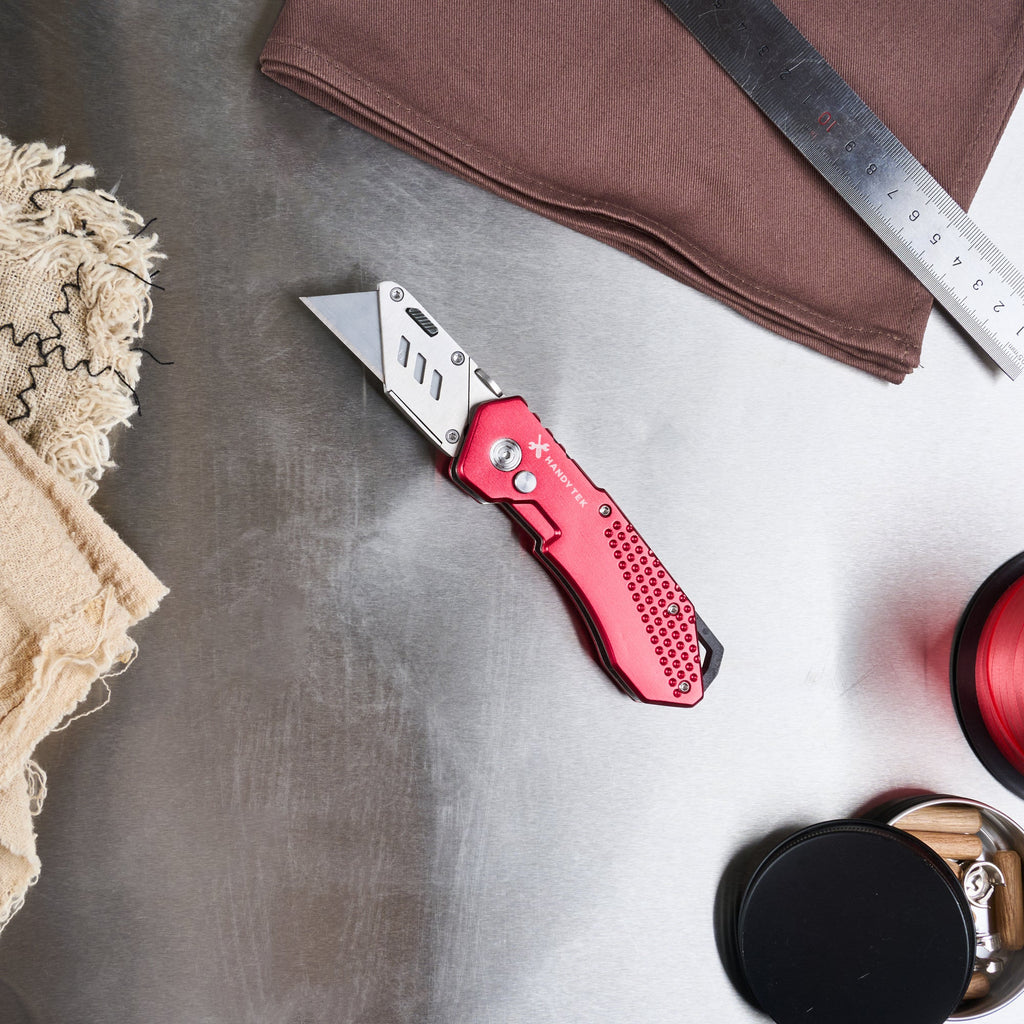 Handy Tek Red Folding Utility Knife - Quick Change, Lock Back, Heavy Duty - 6 3/4" - 6 count box