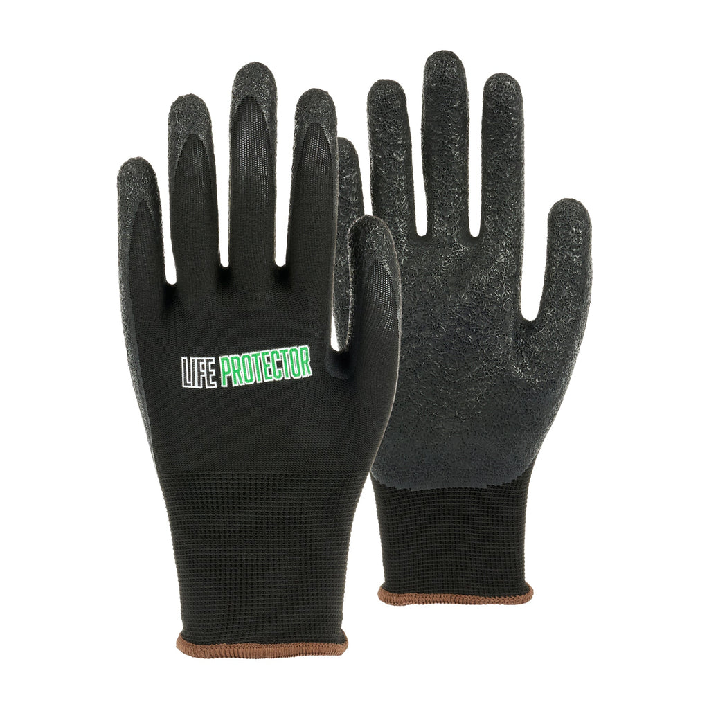 Life Protector Black Nylon Large Work Gloves - with Crinkle Latex Palm Coating - Pair - 10 count box