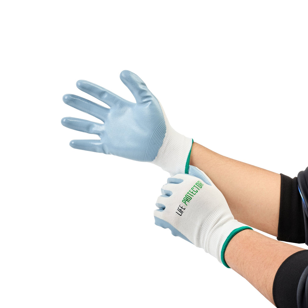 Life Protector White Nylon Medium Work Gloves - with Flat Nitrile Palm Coating - Pair - 10 count box