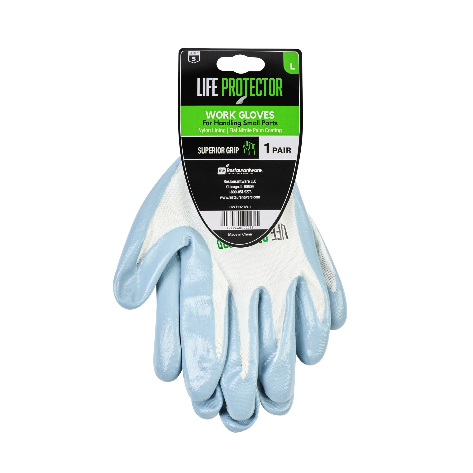 Life Protector White Nylon Large Work Gloves - with Flat Nitrile Palm Coating - Pair - 10 count box
