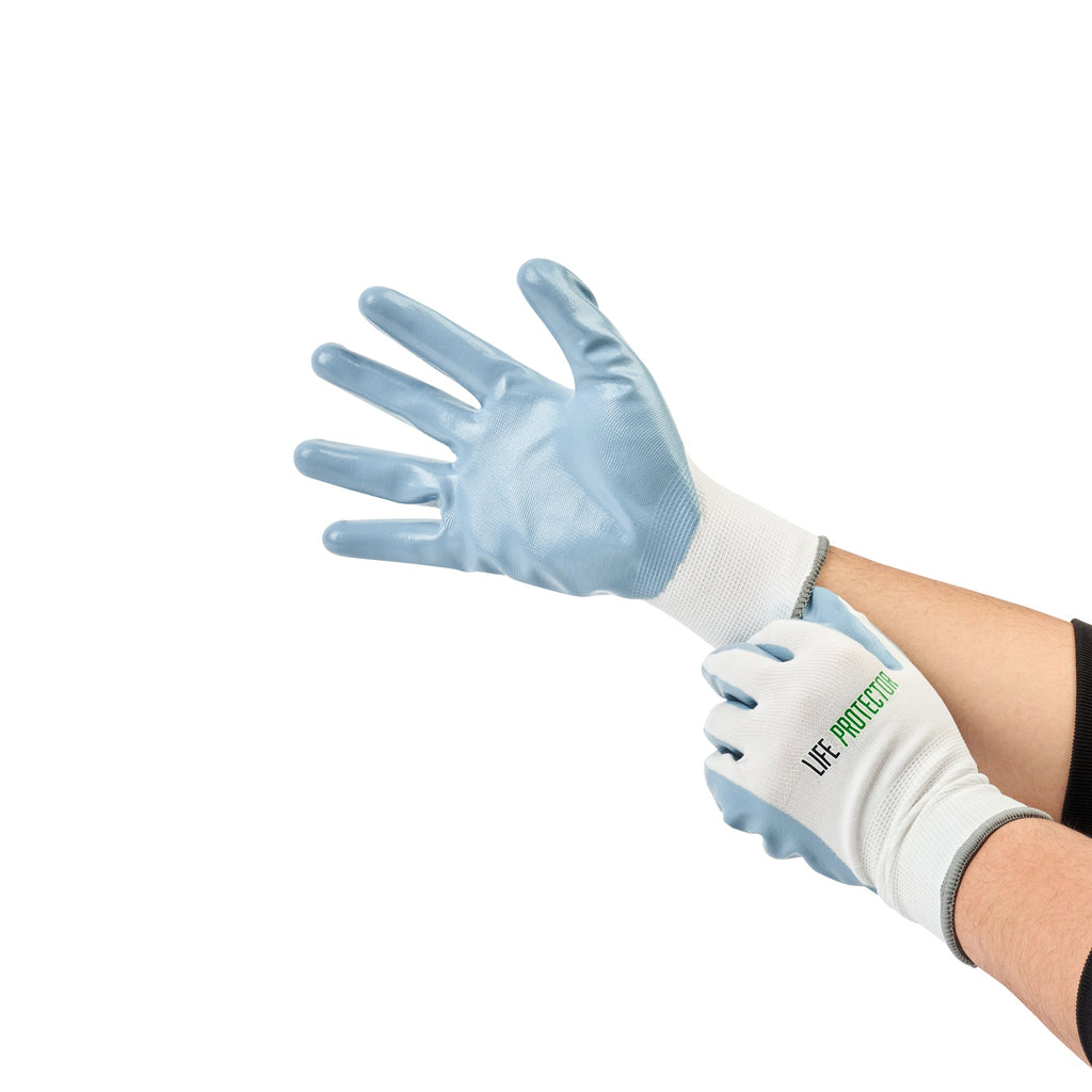 Life Protector White Nylon Extra Large Work Gloves - with Flat Nitrile Palm Coating - Pair - 10 count box