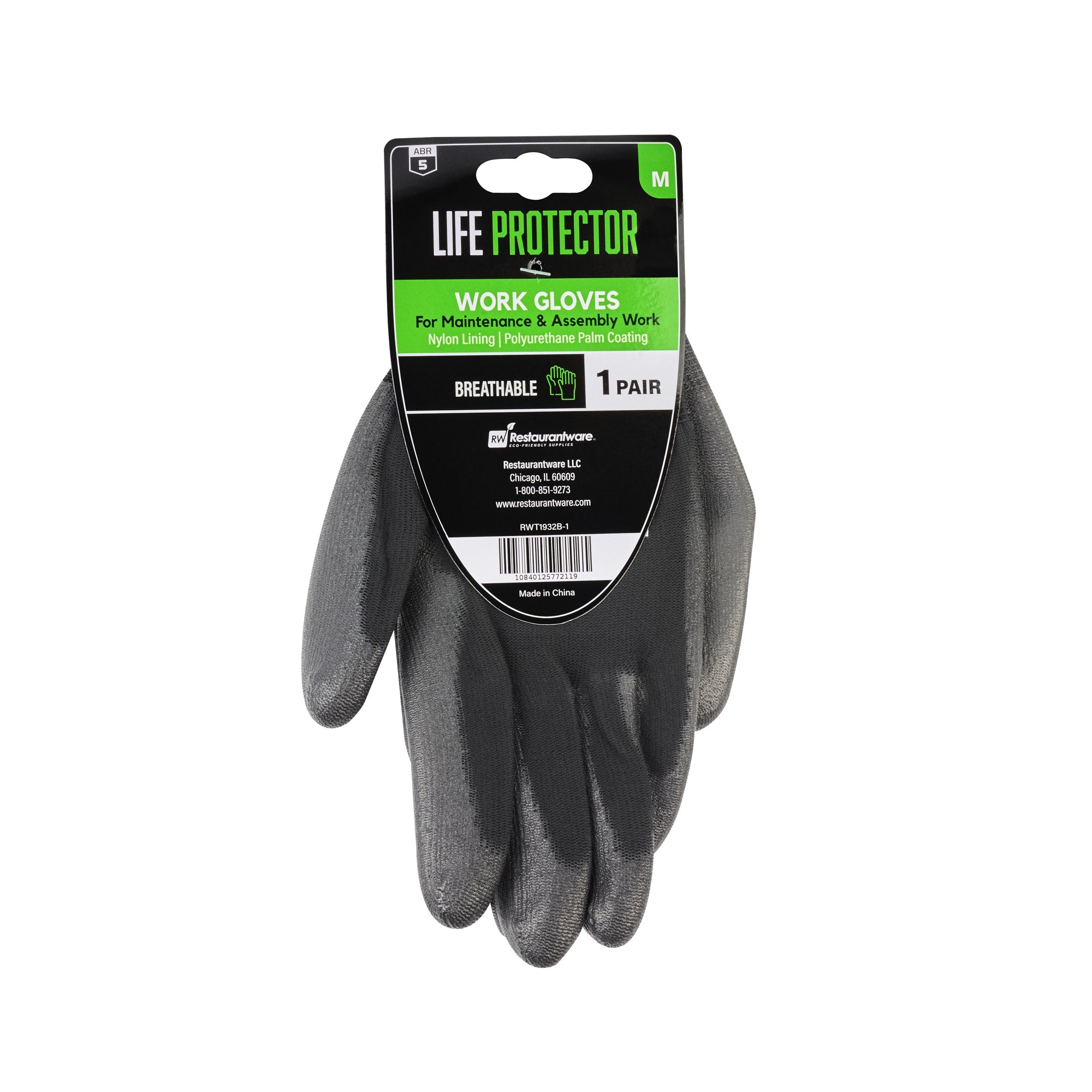 Life Protector Black Nylon Medium Work Gloves - with Polyurethane Palm Coating - Pair - 10 count box