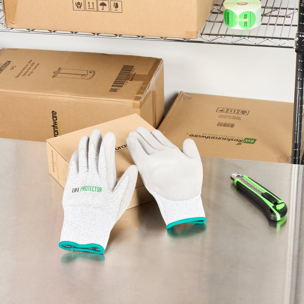 Life Protector Gray HPPE Polyester / Spandex Medium Work Gloves - with Polyurethane Palm Coating, Cut-Resistant - Pair - 10 count box