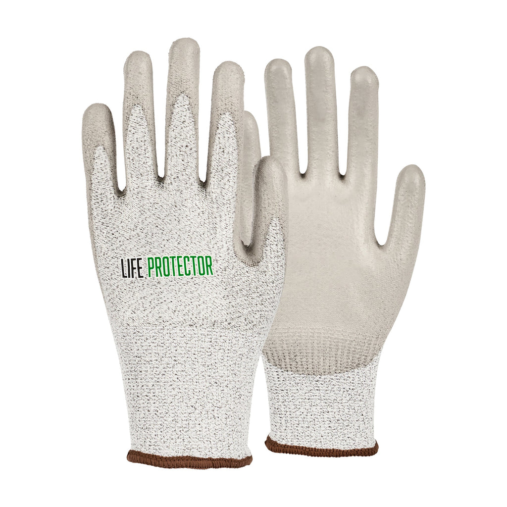 Life Protector Gray HPPE Polyester / Spandex Large Work Gloves - with Polyurethane Palm Coating, Cut-Resistant - Pair - 10 count box
