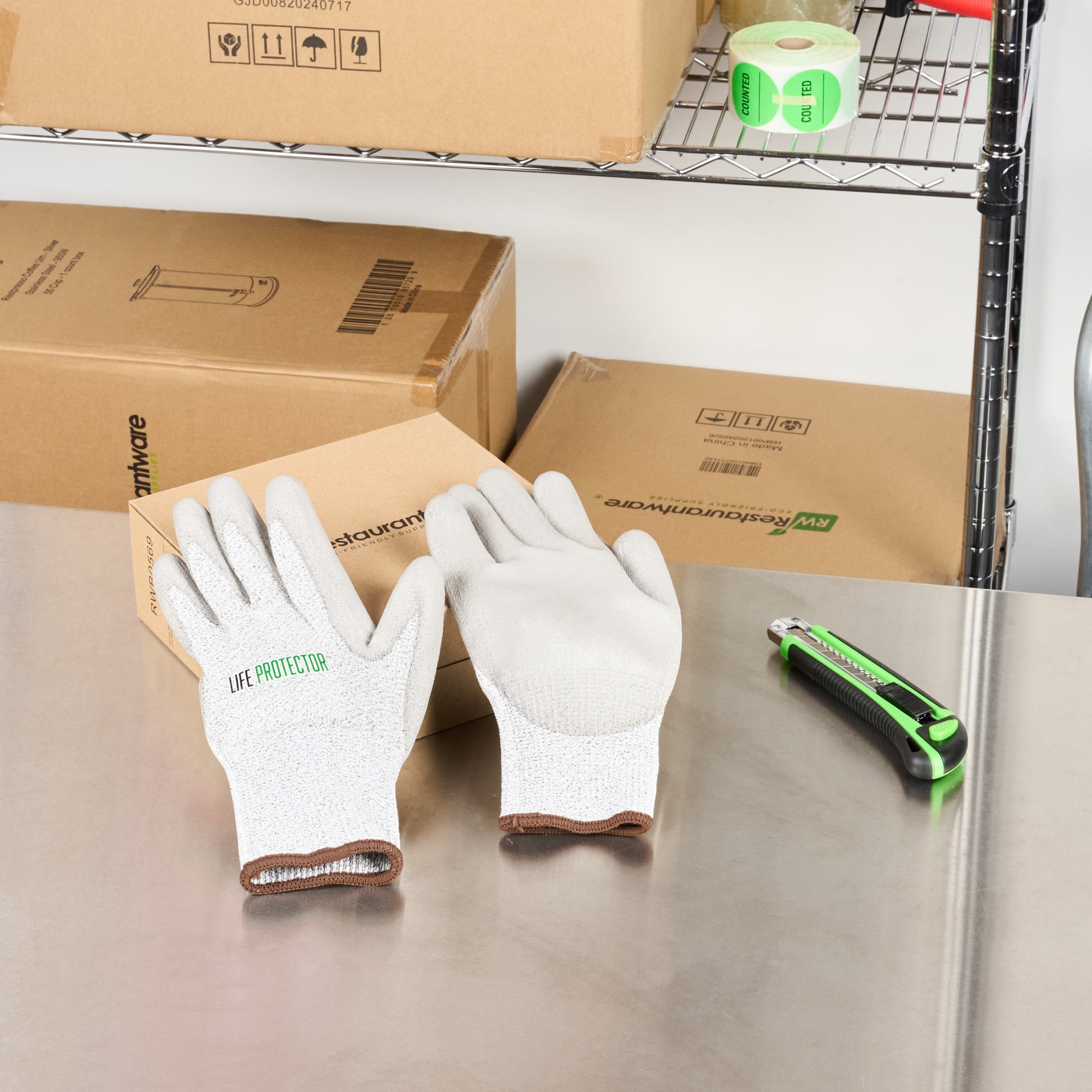 Life Protector Gray HPPE Polyester / Spandex Large Work Gloves - with Polyurethane Palm Coating, Cut-Resistant - Pair - 10 count box