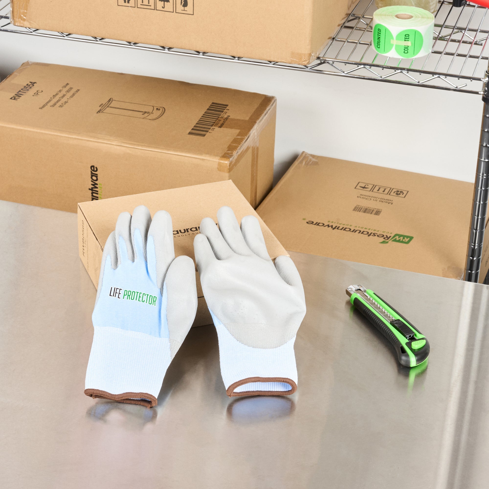Life Protector Light Blue Diamond Blend Large Work Gloves - with Foam Polyurethane Palm Coating, Cut-Resistant - Pair - 1 count box