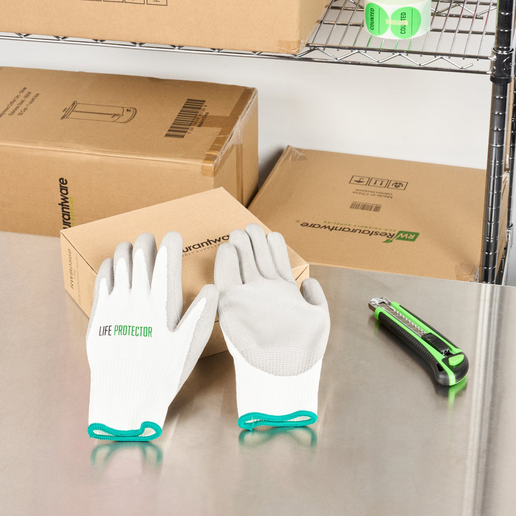 Life Protector White HPPE Polyester / Spandex Medium Work Gloves - with Polyurethane Palm Coating, Cut-Resistant - Pair - 10 count box