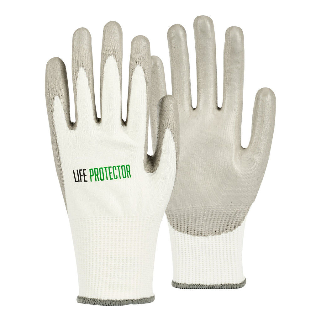 Life Protector White HPPE Polyester / Spandex Extra Large Work Gloves - with Polyurethane Palm Coating, Cut-Resistant - Pair - 10 count box