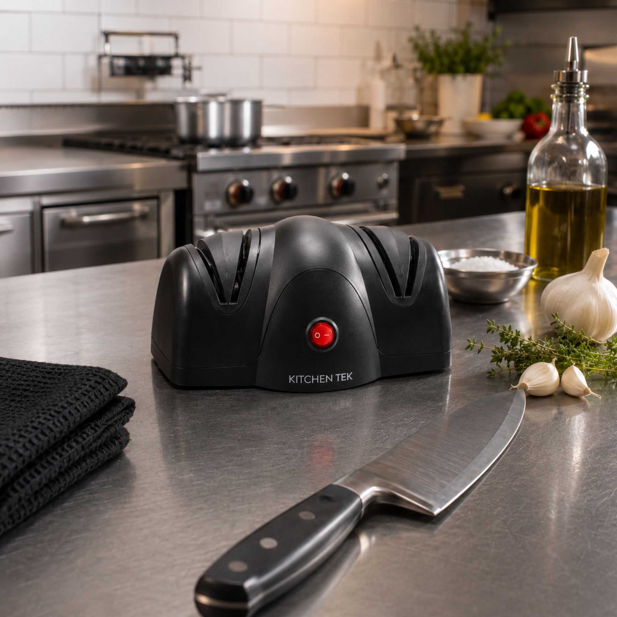 Kitchen Tek Black Plastic 2 Stage Electric Knife Sharpener - for Straight Edge Knives, 120V - 7 1/2'' x 5 3/4'' x 3 3/4'' - 1 count box