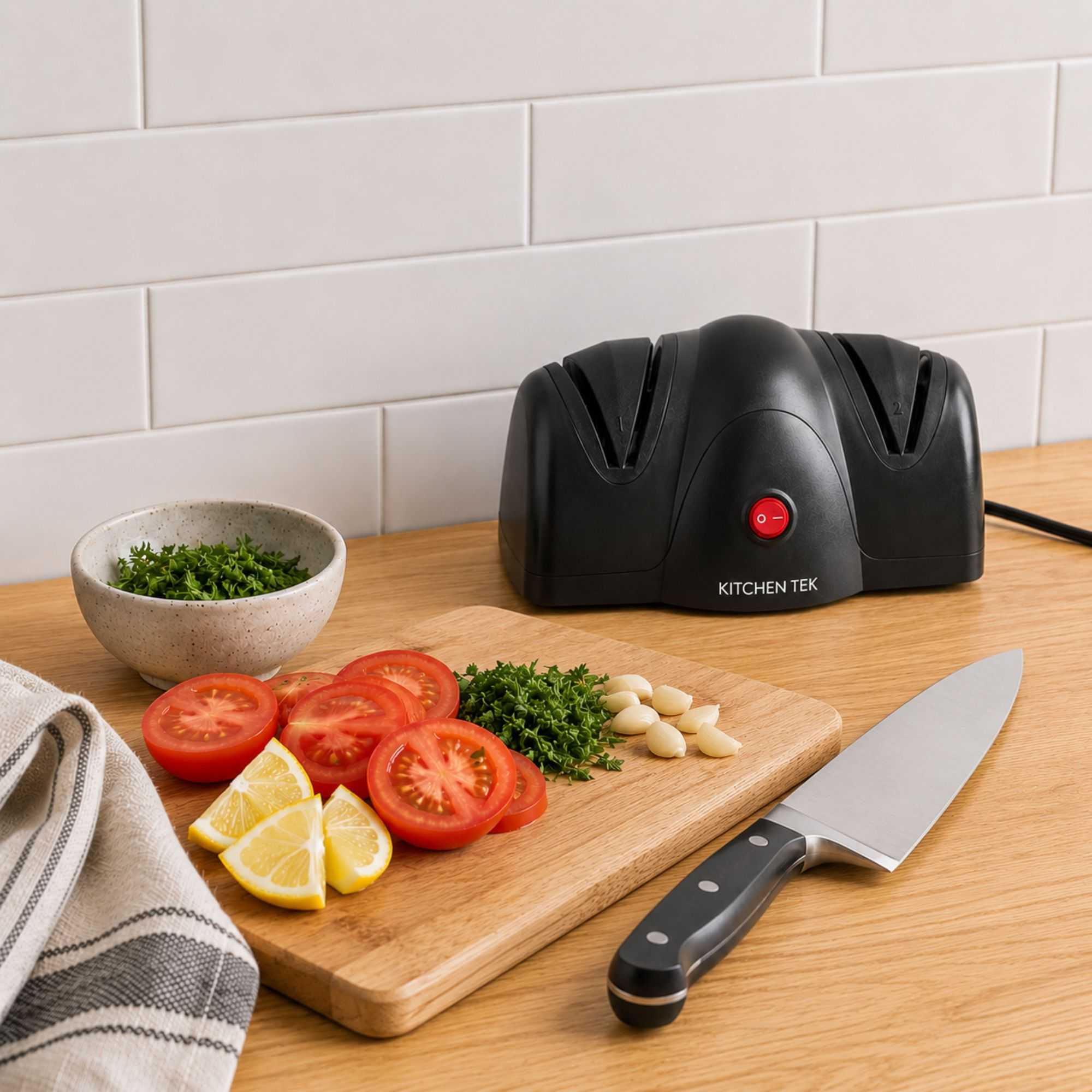 Kitchen Tek Black Plastic 2 Stage Electric Knife Sharpener - for Straight Edge Knives, 120V - 7 1/2'' x 5 3/4'' x 3 3/4'' - 1 count box