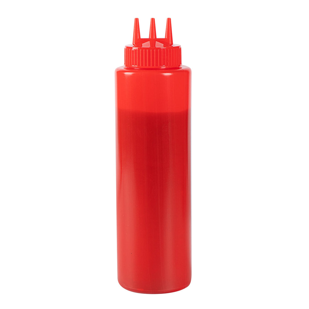 Sauce Tek 32 oz Red Plastic Ketchup Squeeze Bottle - with Triple Dispersion Tip - 6 count box