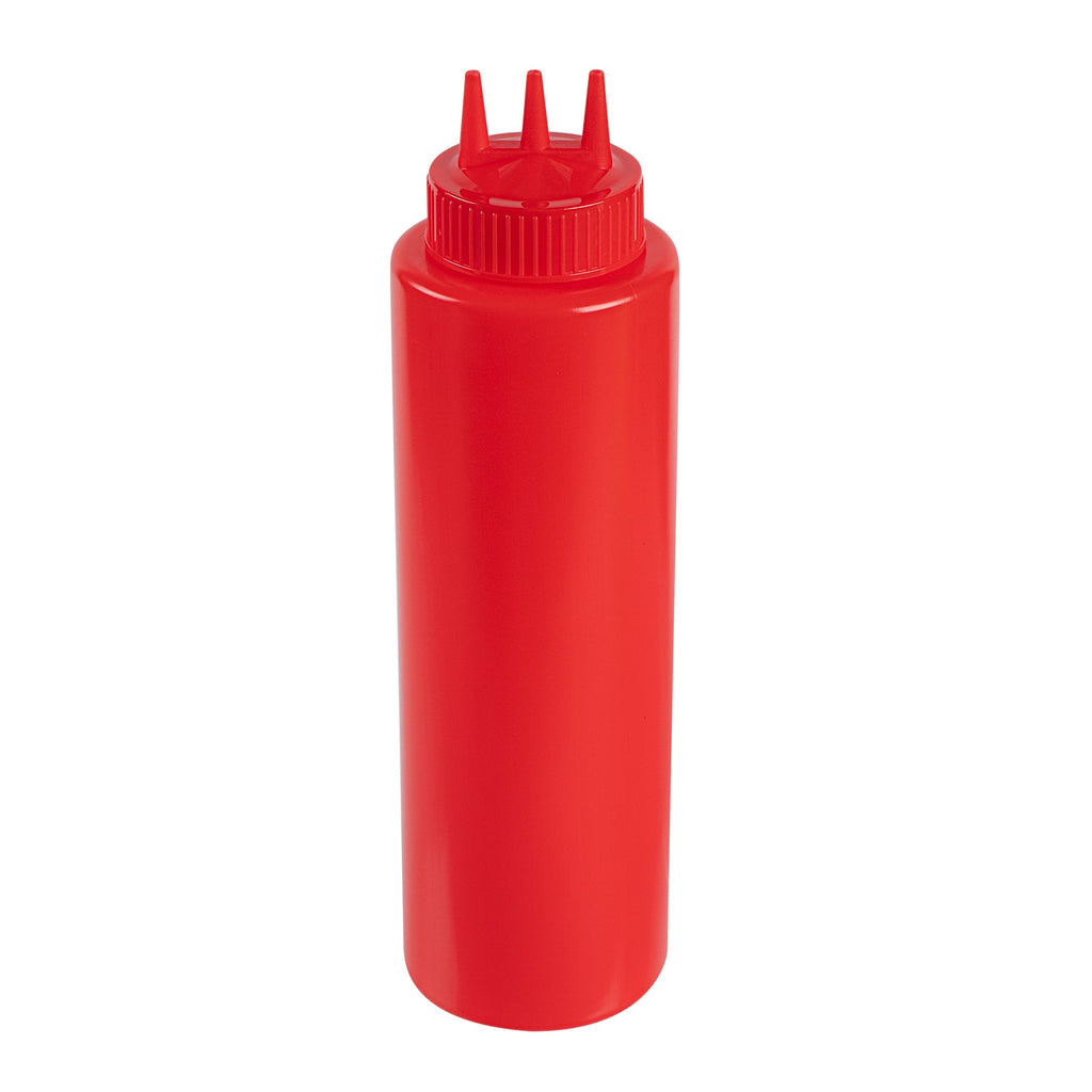 Sauce Tek 32 oz Red Plastic Ketchup Squeeze Bottle - with Triple Dispersion Tip - 6 count box