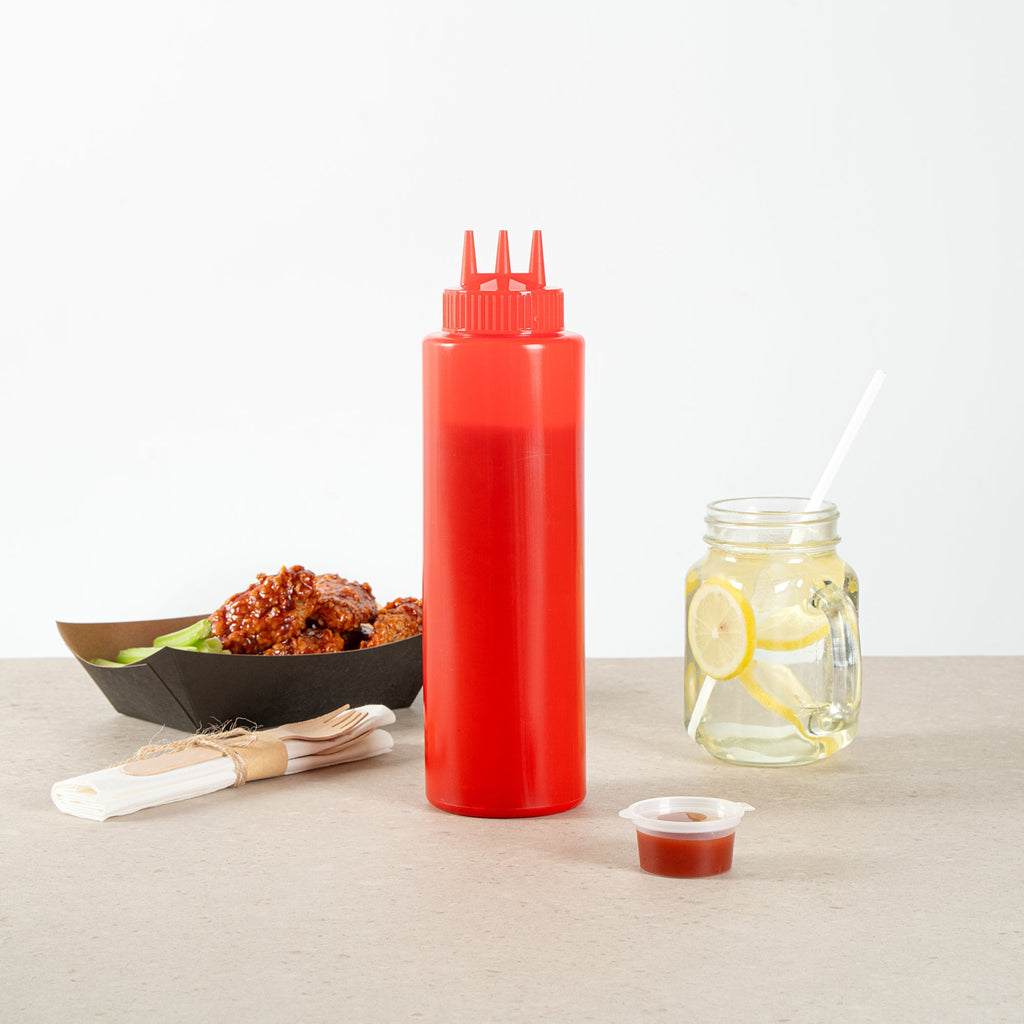 Sauce Tek 32 oz Red Plastic Ketchup Squeeze Bottle - with Triple Dispersion Tip - 6 count box